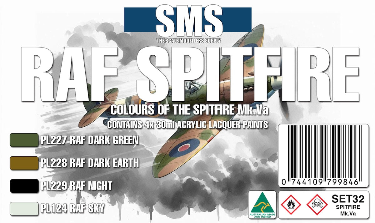 SMS Model airplane paint set packaging for RAF Spitfire with colour swatches and a barcode.
