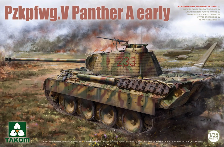 Model of a PzKpfwG.V Panther A early tank with Takom branding on a desert battlefield background.