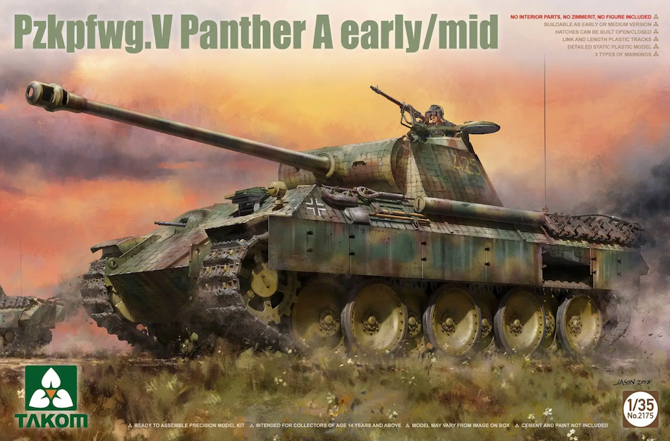 Model of a PzKpfw.G Panther A early/mid tank with Takom branding on a desert background.