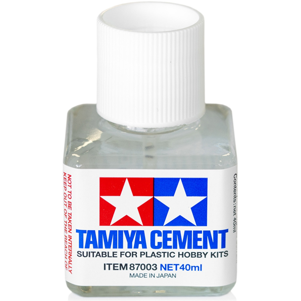 A 40ml bottle of Tamiya Cement suitable for plastic hobby kits, featuring a white ribbed cap and a white label with the red and blue Tamiya logo.