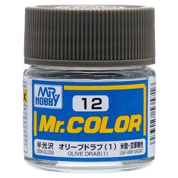 Mr Color C12 Olive Drab (1) Semi Gloss acrylic paint 10ml - BlackMike Models