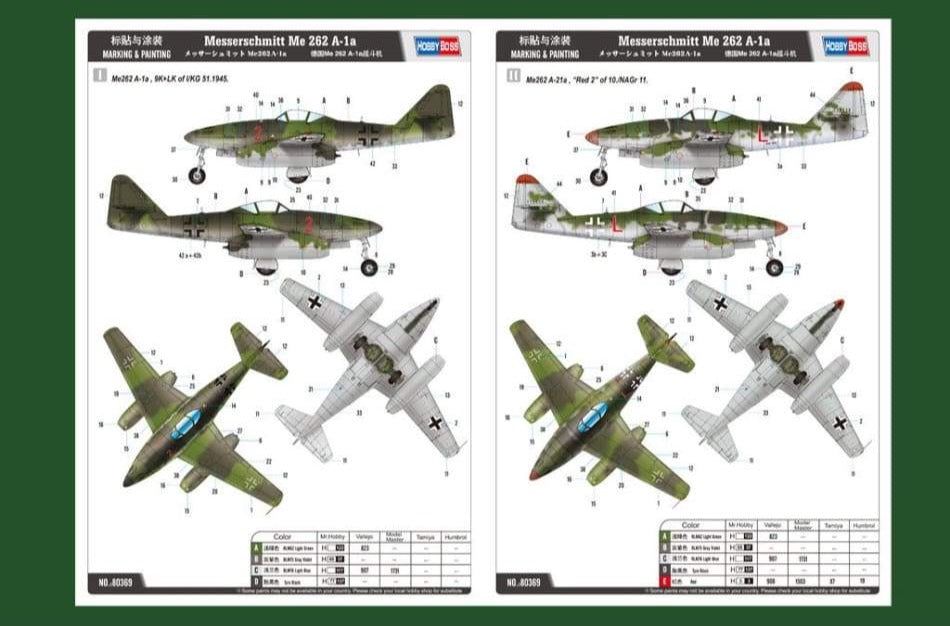 Hobby Boss 80369 1/48 Messerschmitt Me 262 A-1a colour options- BlackMike Models