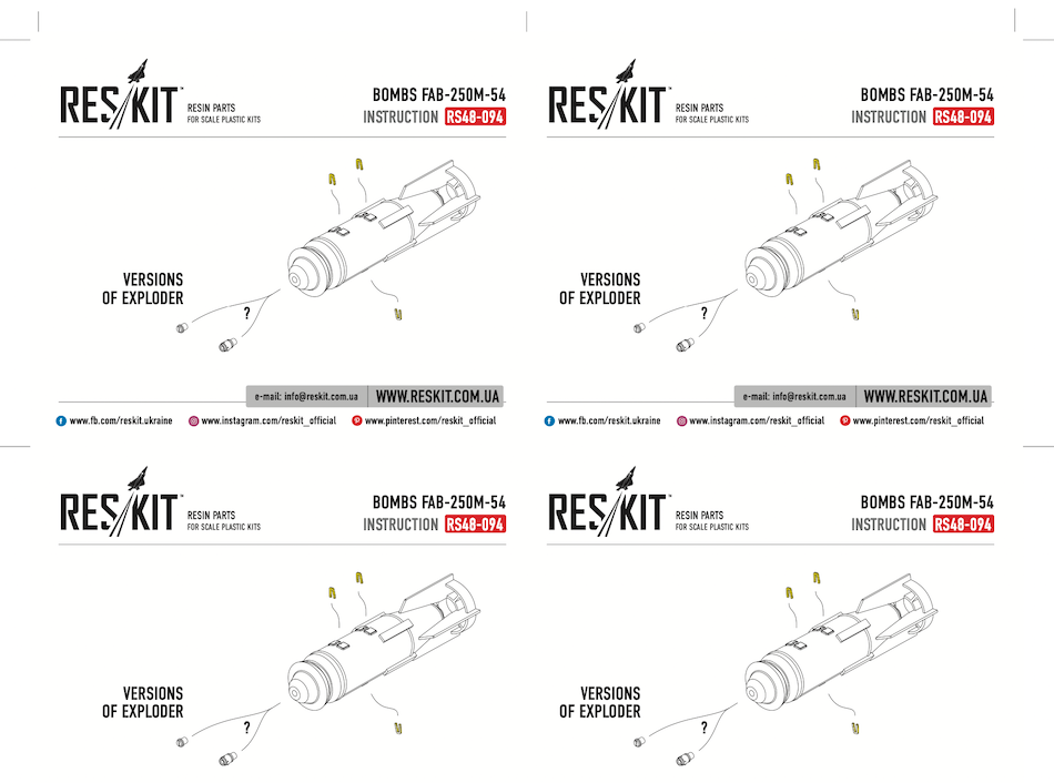 ResKit RS48-94 1/48 FAB-250M-54 Russian bomb set instruction sheet 1